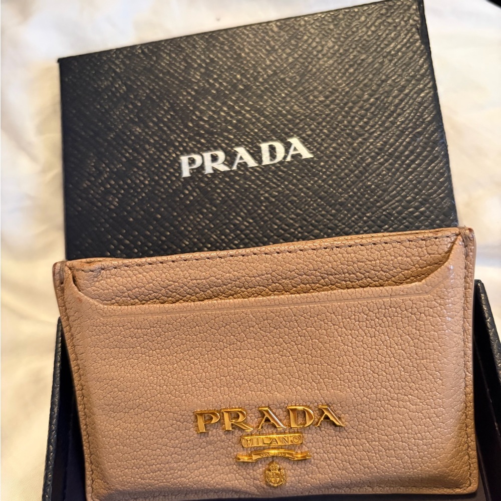 Prada Beige Leather Card Holder with Gold Logo